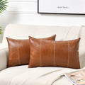 Fancy Homi 2 Packs Brown Boho Long Lumbar Faux Leather Decorative Throw Pillow Covers 12x24 Inch for Living Room Couch Bed, Hand