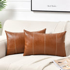 Fancy Homi 2 Packs Brown Boho Long Lumbar Faux Leather Decorative Throw Pillow Covers 12x24 Inch for Living Room Couch Bed, Hand