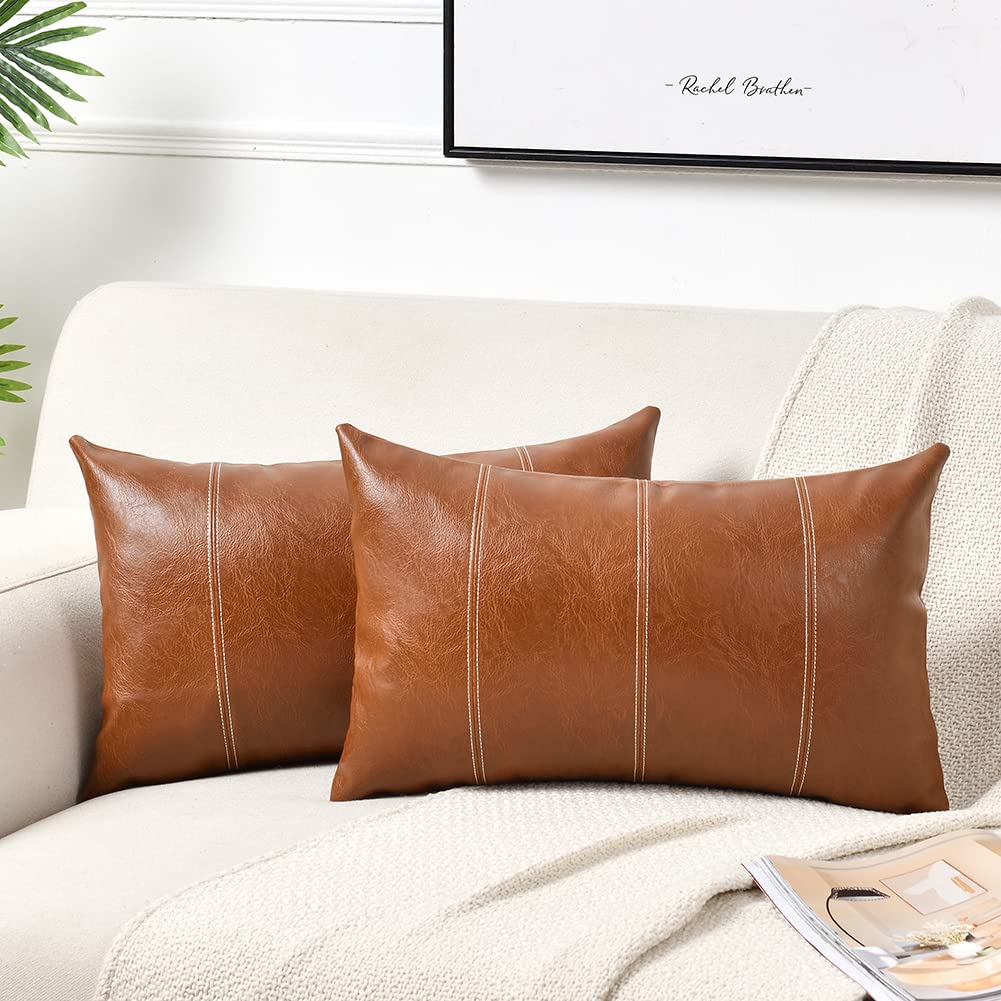 Fancy Homi 2 Packs Brown Boho Long Lumbar Faux Leather Decorative Throw Pillow Covers 12x24 Inch for Living Room Couch Bed, Hand