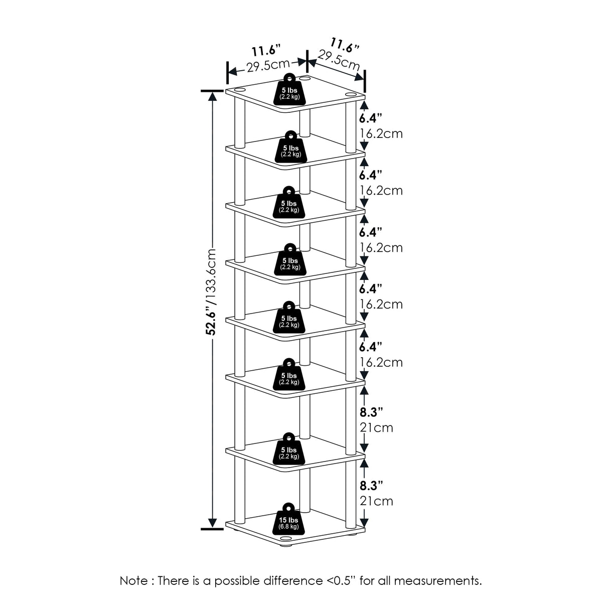 Furinno Turn-N-Tube 8-Tier Vertical Space Saving Free Standing Shoe Tower, Shoe Rack for Closet Entryway, Amber Pine/Black