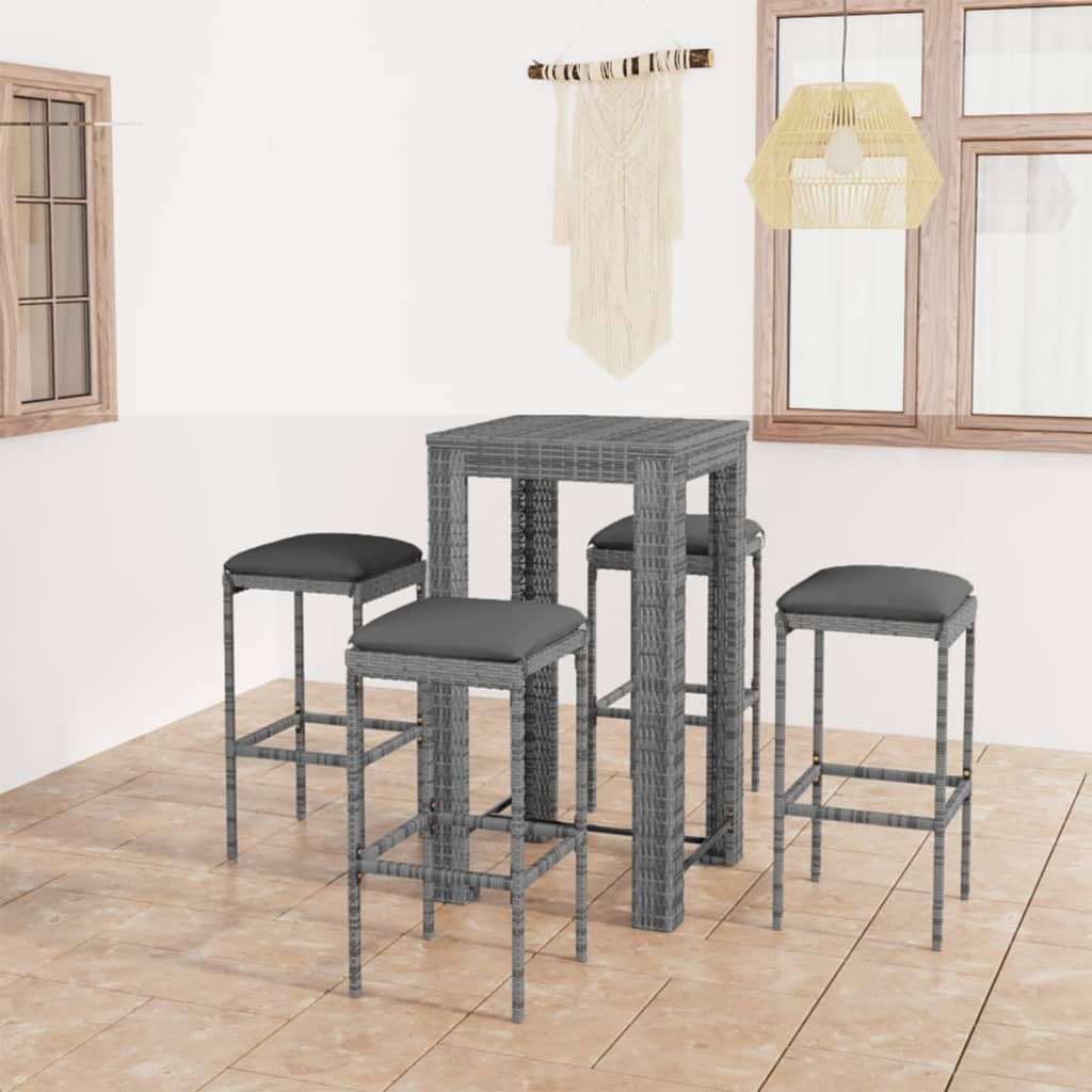 vidaXL Patio Bar Set 5 Piece, Bistro Set for Outdoor Porch Yard, Bar Stool with Cushions, Bistro Table, Farmhouse Modern Style, Poly Rattan Gray