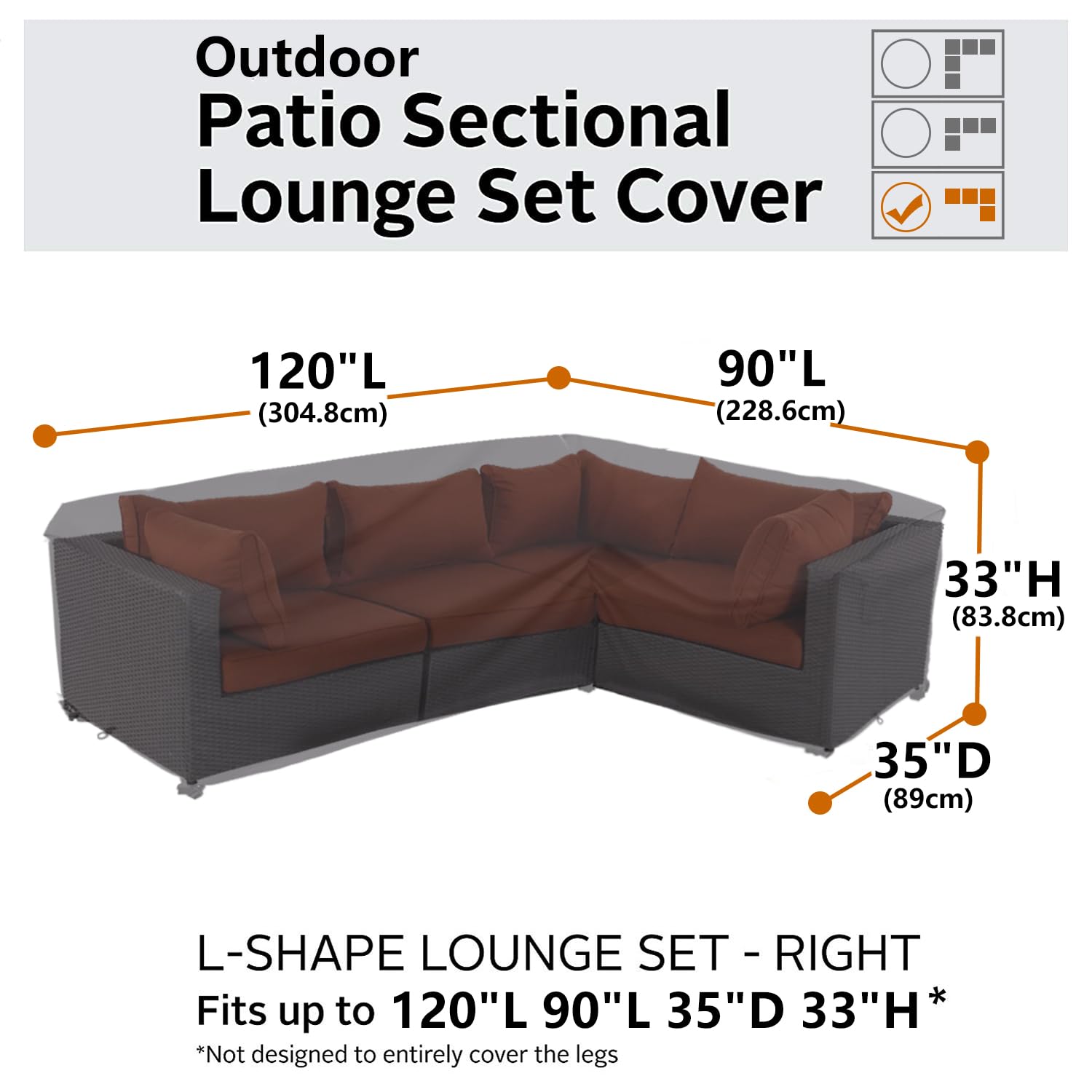Flexiyard Heavy Duty Outdoor Sectional Sofa Cover, 120'X90' L-Shaped Waterproof 600D Patio Sectional Couch Cover, Lawn Patio Furniture Cover (Storm Grey, L-Shaped-Right Facing-120 X90)