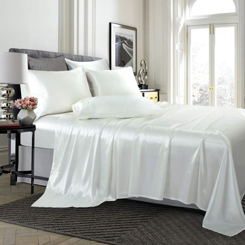 Treely 6 Piece Satin Sheets King Size Silky Smooth Ivory White Satin Sheet Set With Deep Pocket, Satin Fitted Sheet, Flat Sheet,