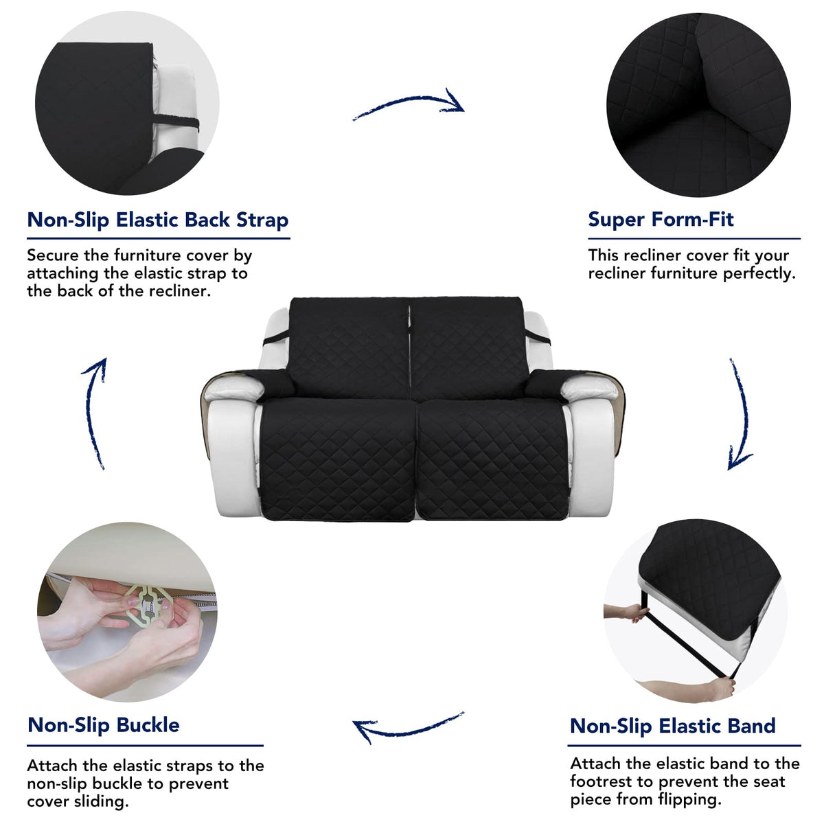 Purefit Water Resistant Reversible Sofa Covers For Reclining Sofa 2 Seat - Non Slip Split Recliner Couch Cover For Double Reclin