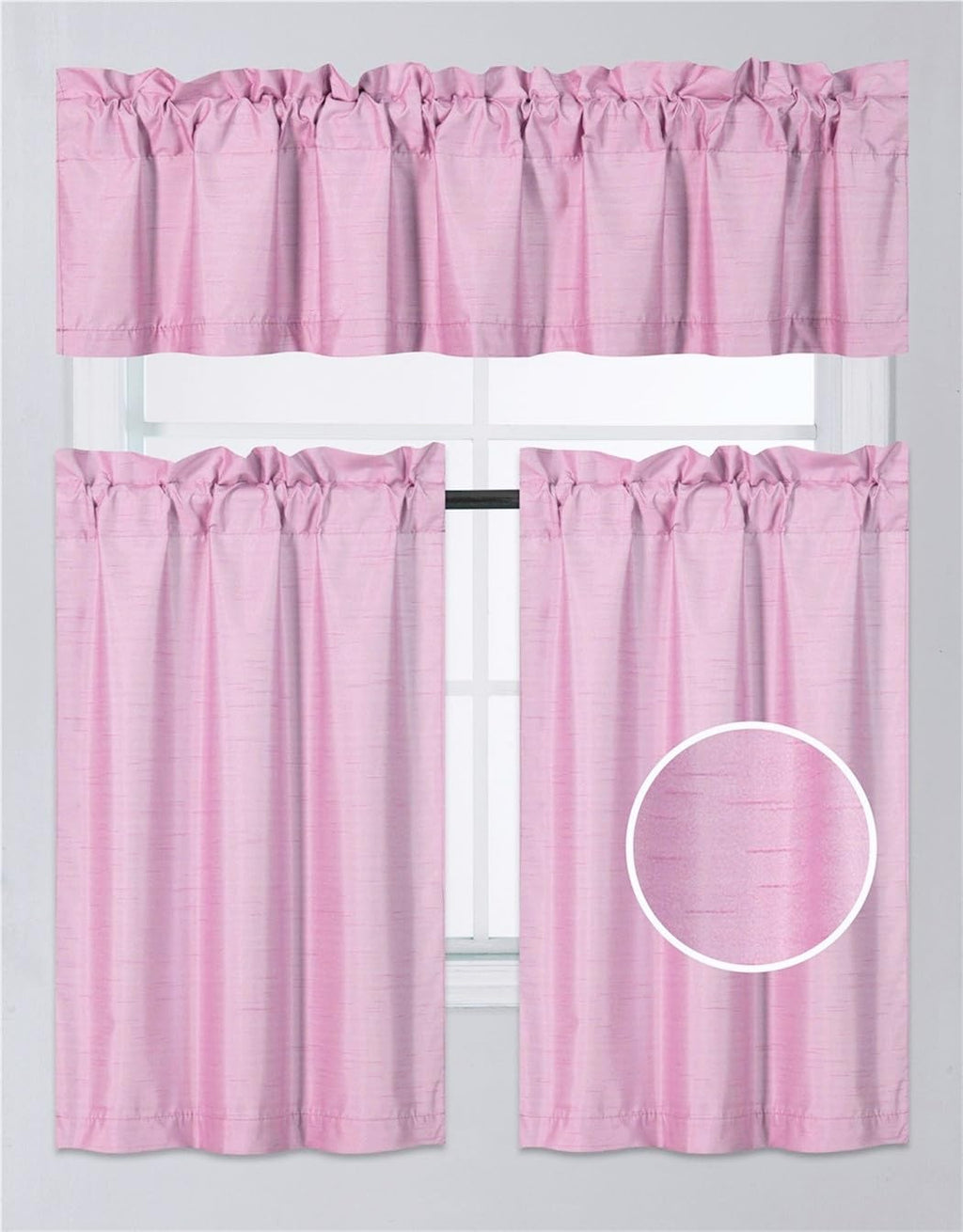 3Pc Set Solid Faux Silk Lined Blackout Rod Pocket Small Kitchen Window Curtain With Valance (K3) (Pink)
