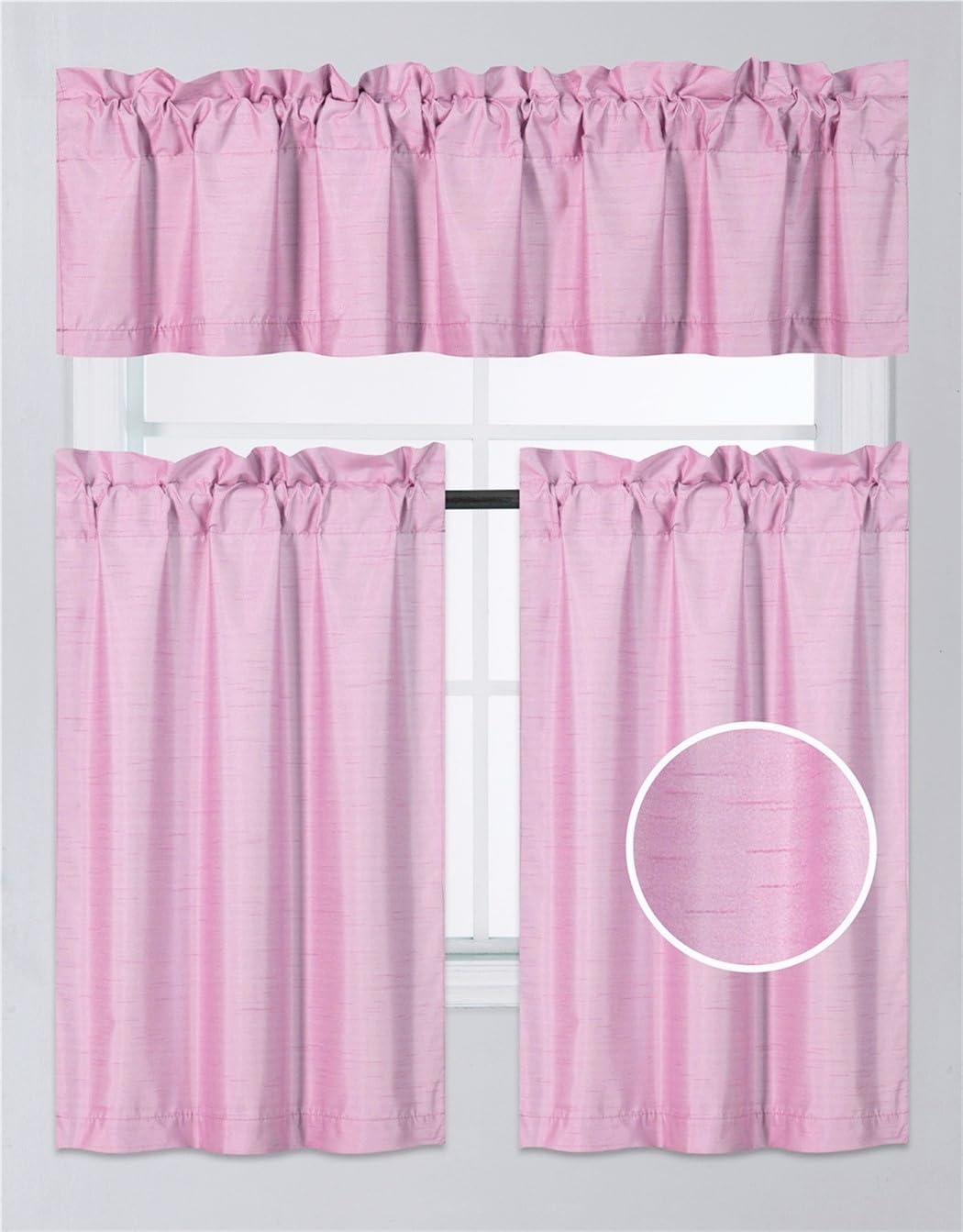 3Pc Set Solid Faux Silk Lined Blackout Rod Pocket Small Kitchen Window Curtain With Valance (K3) (Pink)