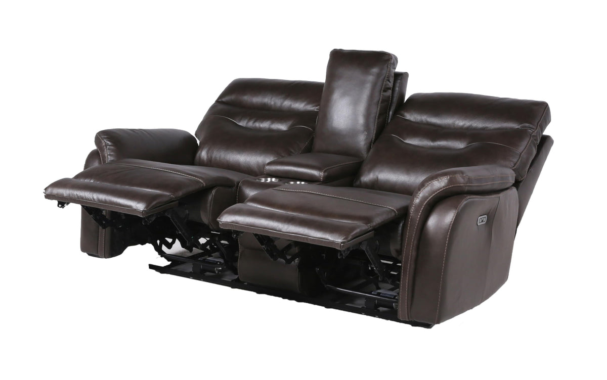 Steve Silver Co Fortuna Recliner Console Loveseats, Top Grain Leather, Contemporary Style, Console Storage, USB Charging Port, 2-Cupholders, Living Room, Den, 38" D x 73.5" W x 41" H, Brown