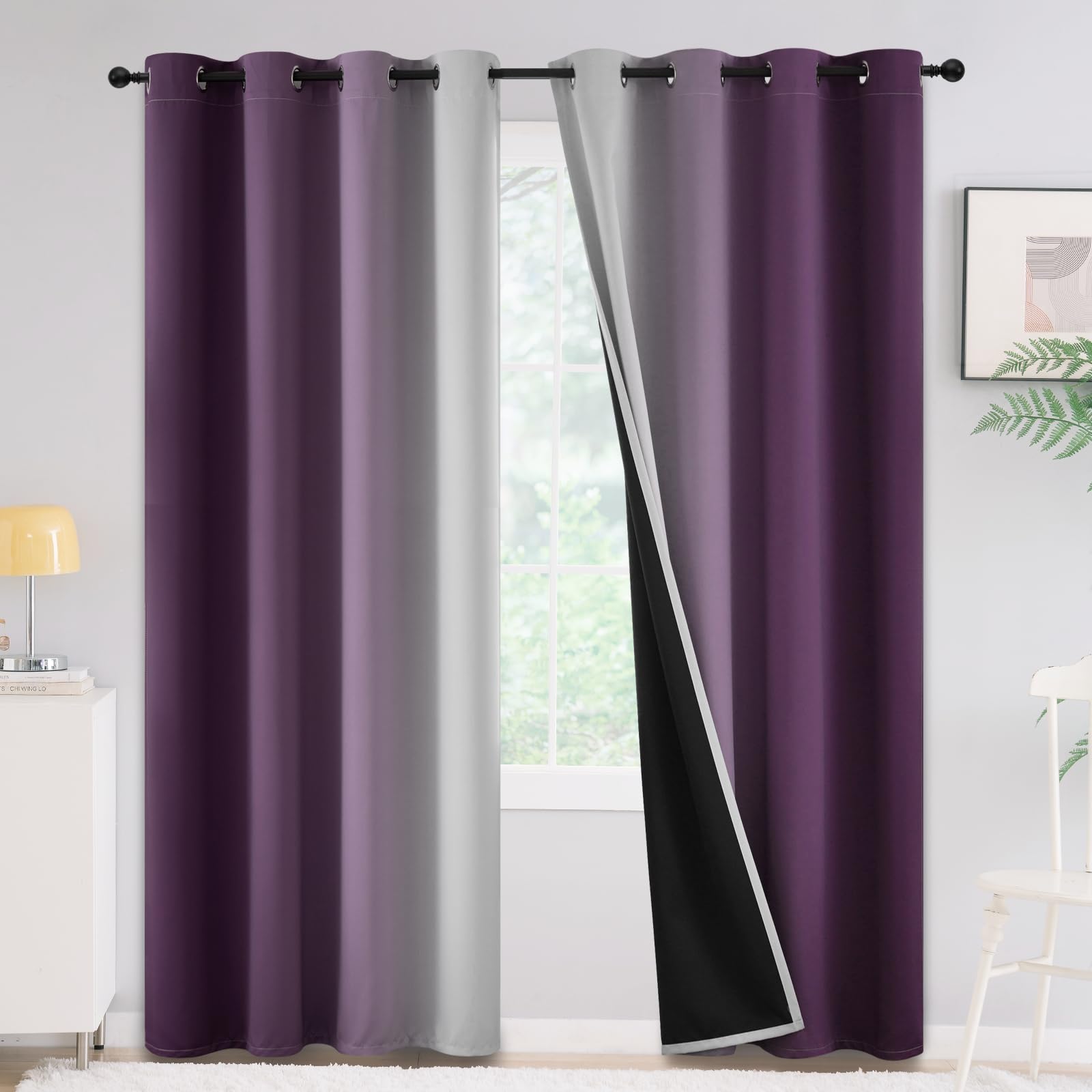 Yakamok 100% Blackout Curtains 84 inches Long,Room Darkening Purple Curtains Ombre for Bedroom Grommet Thermal Insulated Gradien