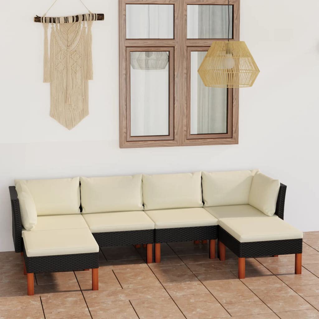 vidaXL 6-Piece Black Patio Lounge Set with Cushions - Weather-Resistant Poly Rattan & Solid Eucalyptus Wood Legs - Easy-Assembly Outdoor Furniture - Modern/Farmhouse Style