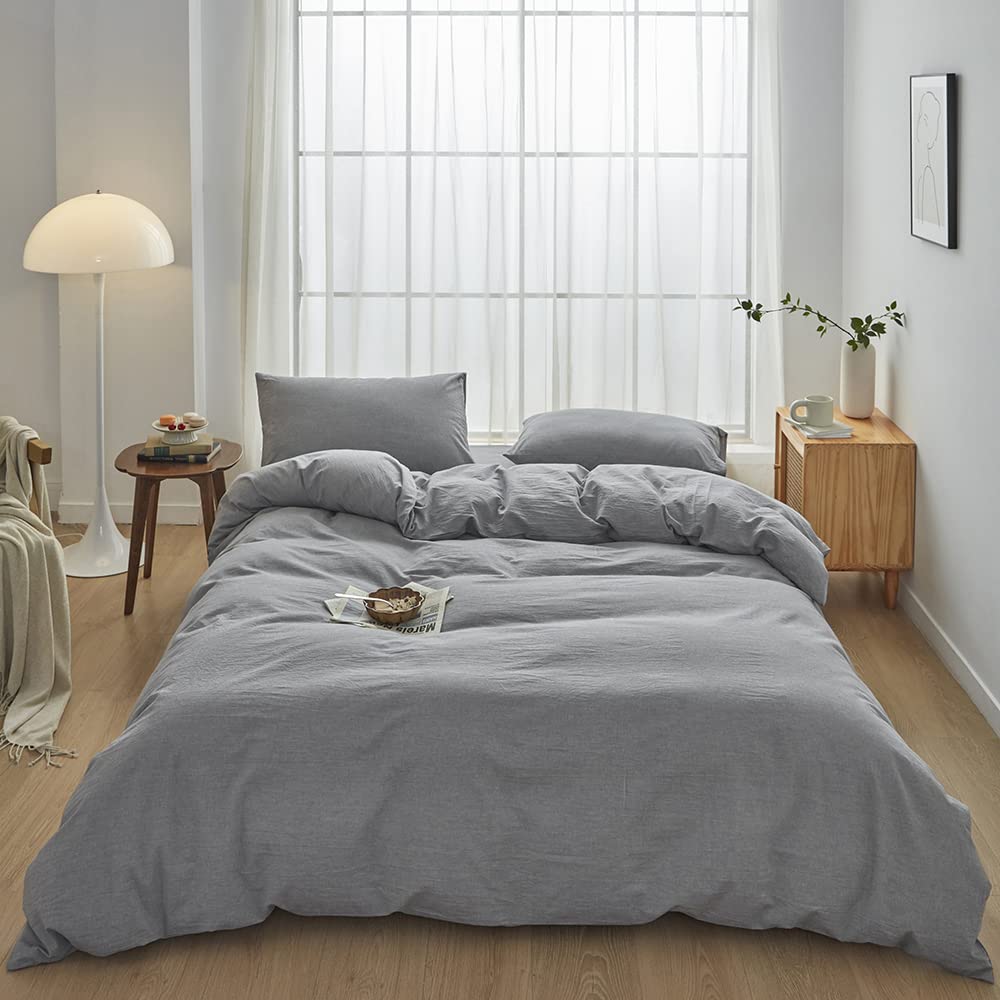 FACE TWO FACE Bedding Duvet Cover Set100% Washed Cotton Duvet Cover Linen Like Textured Breathable Durable Soft Comfy (Full, Lig