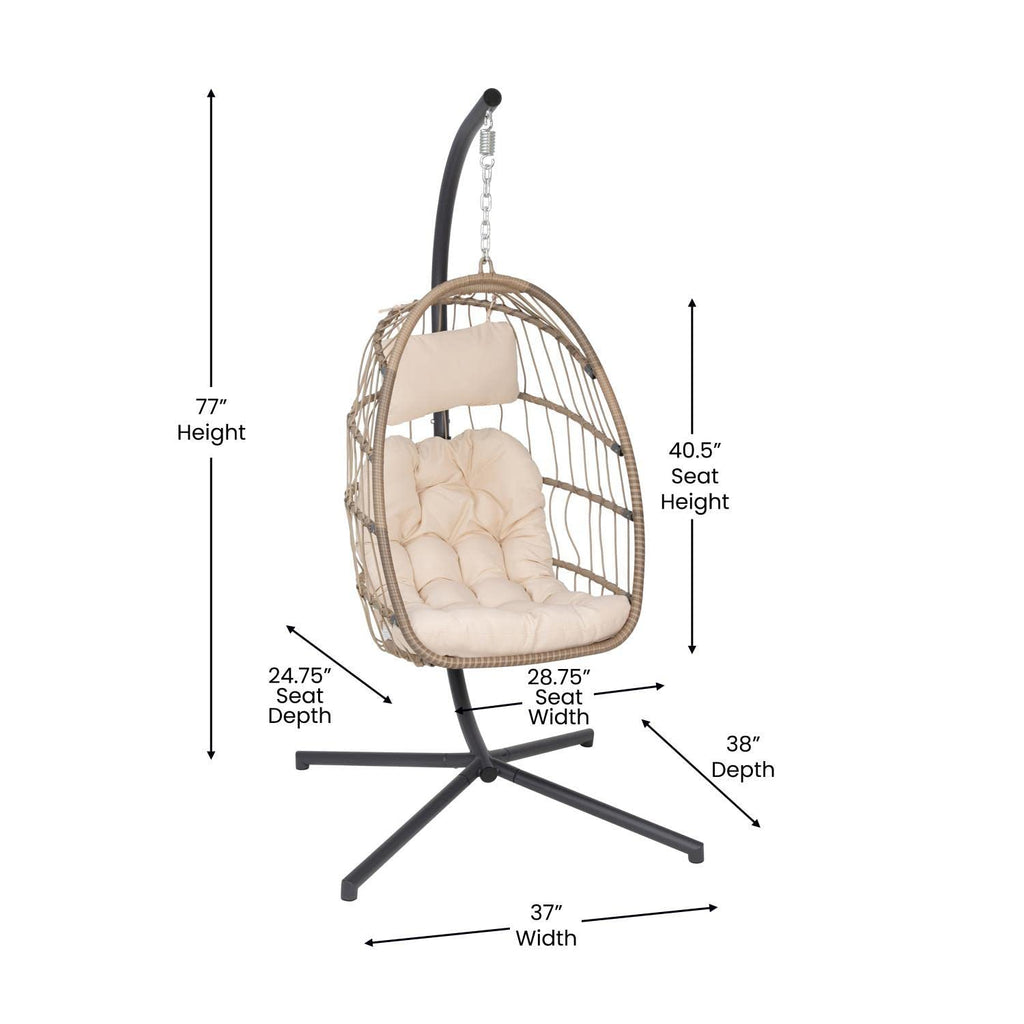 Flash Furniture Cleo Indoor/Outdoor Patio Hanging Egg Chair - Natural Frame With Cream Seat Cushions - Black Powder Coated C-Style Stand - Hanging Hardware Included