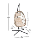 Flash Furniture Cleo Indoor/Outdoor Patio Hanging Egg Chair - Natural Frame With Cream Seat Cushions - Black Powder Coated C-Style Stand - Hanging Hardware Included