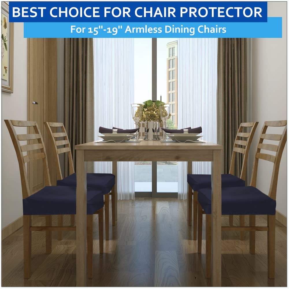 Buyue Fast Installation Dining Room Chair Covers Set Of 6, Luxury Stretch Jacquard Seat Slipcovers For Kitchen Armless Chairs, Rear Gapped- Navy Blue- 6
