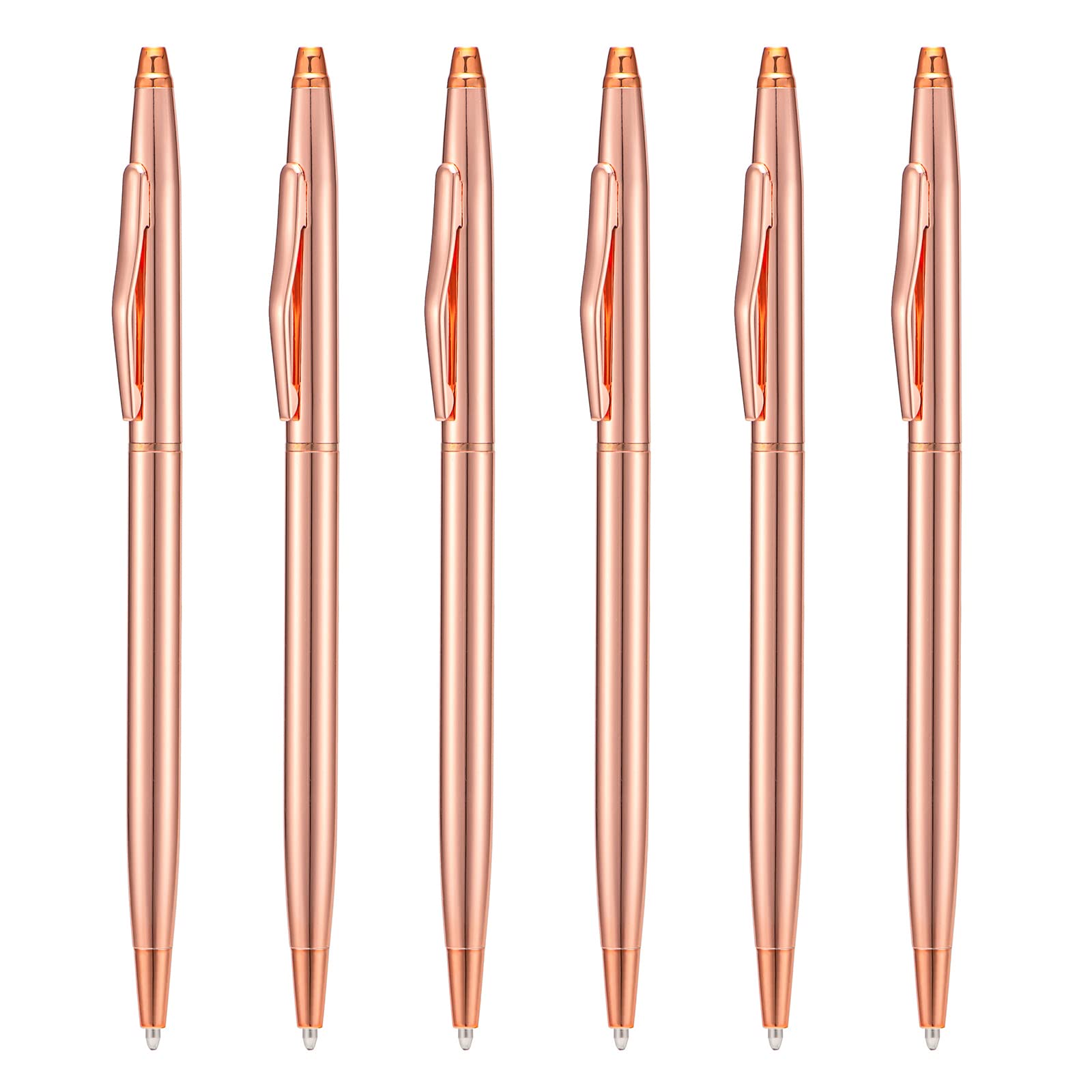 Wikult 6 Pieces Rose Gold Slim Metal Ballpoint Pen, 1Mm Medium Point Black Ink Smooth Writing, For Business Office Teacher Stude