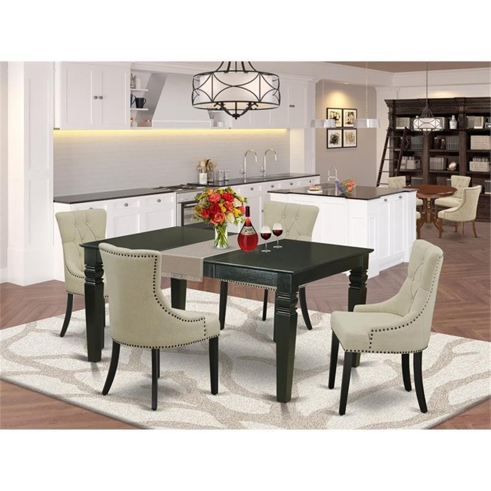 East West Furniture Wefr5-Blk-02 5 Piece Kitchen Table Set For 4 Includes A Rectangle Dining Table With Butterfly Leaf And 4 Light Beige Linen Fabric Parson Chairs, 42X60 Inch, Black