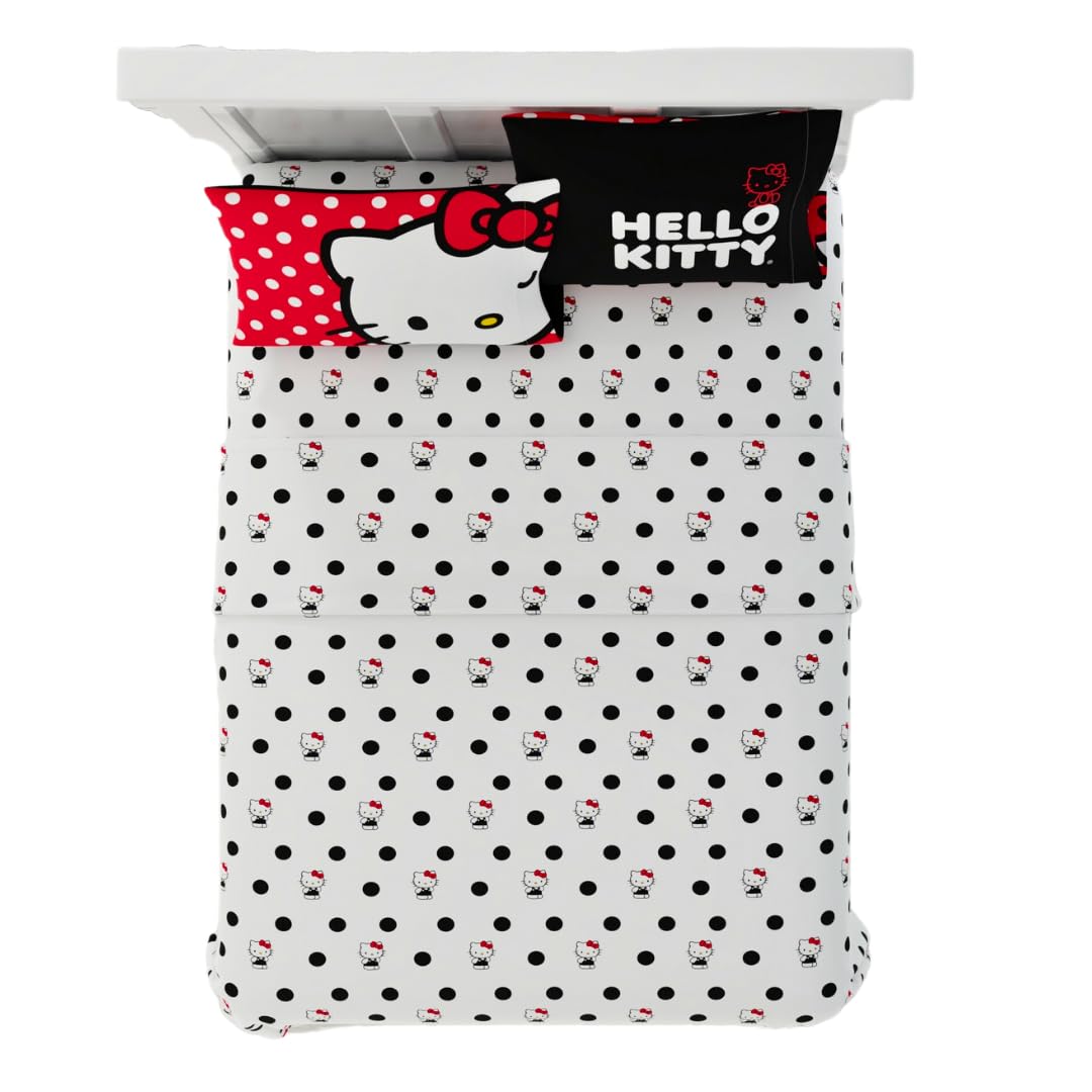 Franco Collectibles Hello Kitty Polka Dot Bedding Super Soft Microfiber 4 Piece Queen Sheet Set, (Officially Licensed Product)