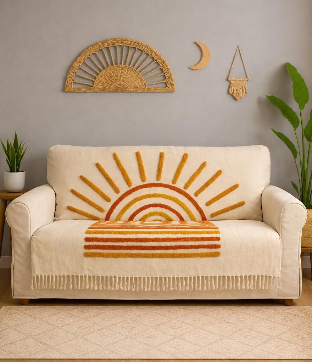 JutiePie Cotton Woven Throw Blanket with Tassels, Rising Sun Pattern in Cream and Yellow, 3 Seater 52x75 Inch, Lightweight Cover
