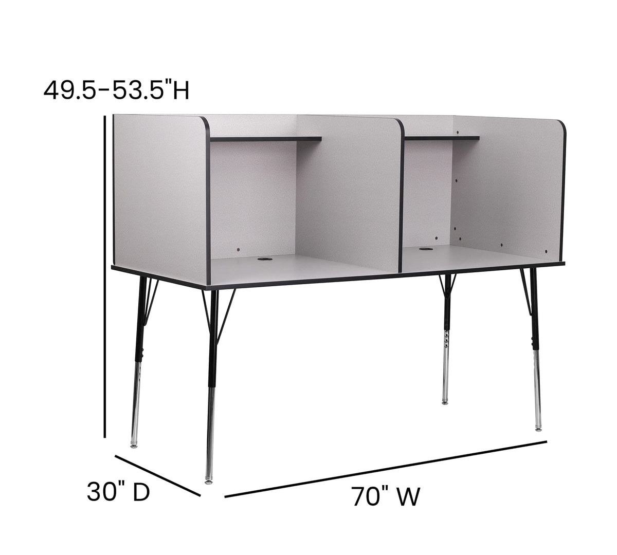 Flash Furniture Study Carrel - Nebula Grey Finish with Top Shelf - Double Wide - Height Adjustable Legs - Wire Management Grommet