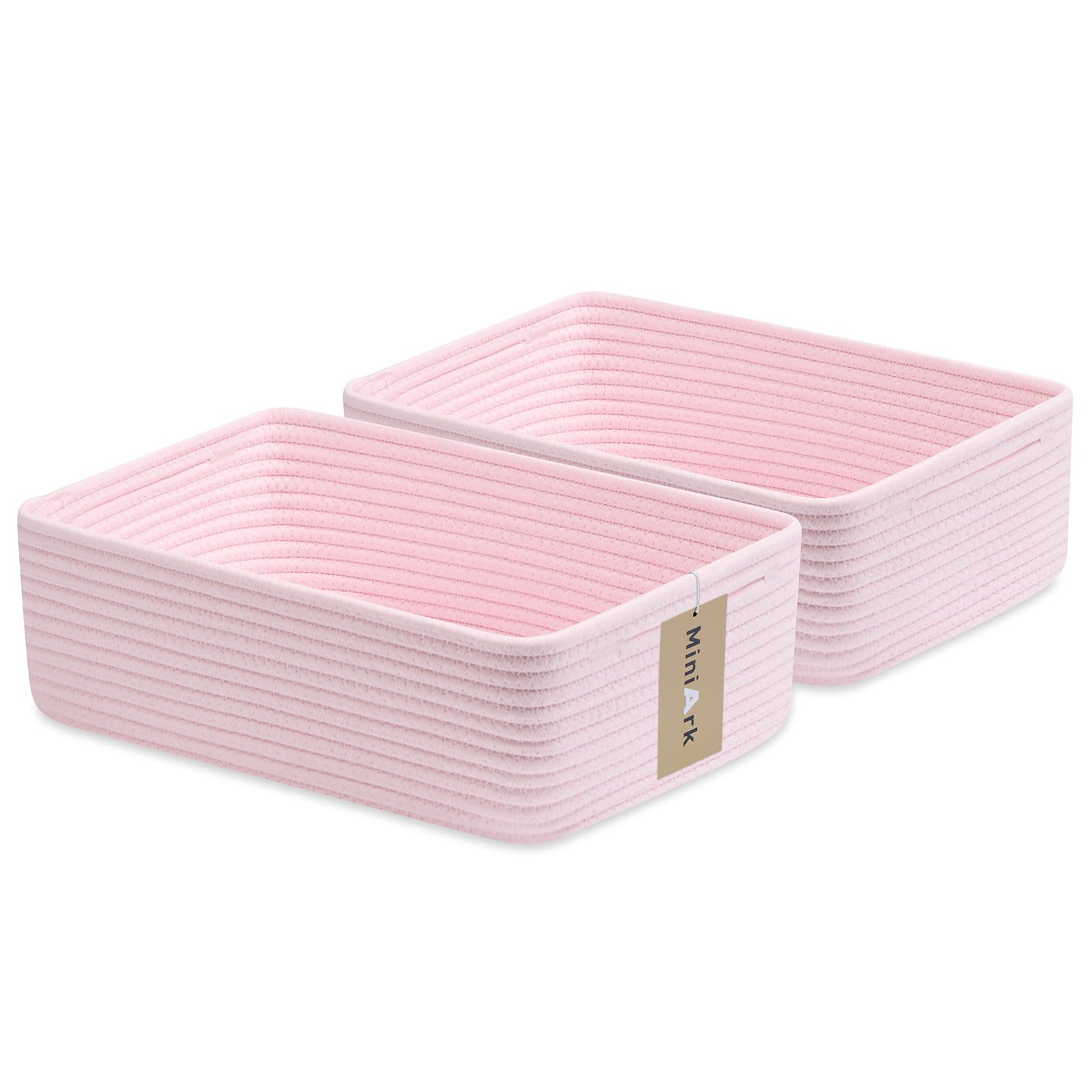 MiniArk Large Shallow Organizing Baskets 15x11x5.1 Inches - Rope Woven Storage Bins for Bathroom, Shelves, Cube Closet, Light Pi