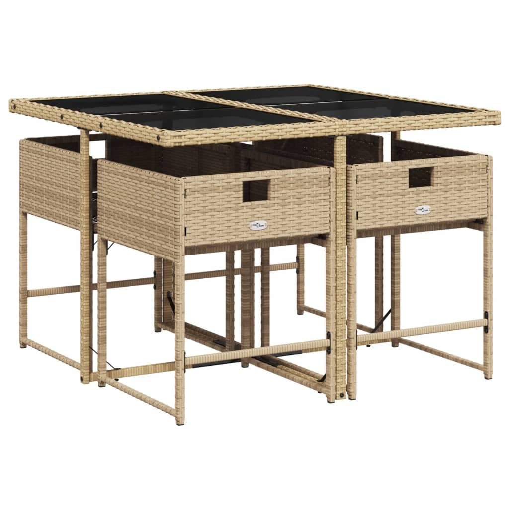 vidaXL 5 Piece Patio Dining Set - Beige PE Rattan, Cushions, Tempered Glass Tabletop, Foldable Chairs for Garden, Backyard, Patio