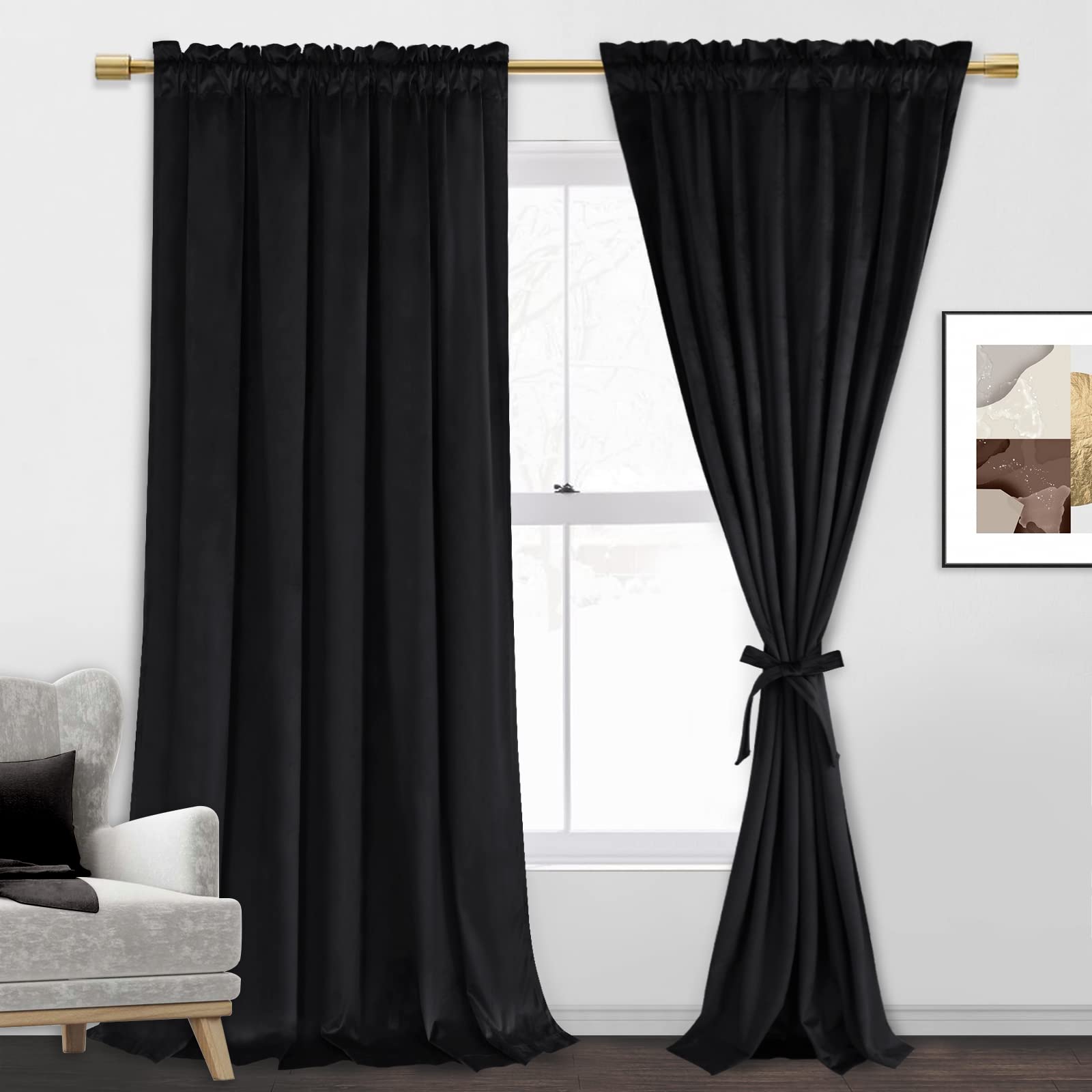 Jiuzhen Black Velvet Curtains 90 Inches For Living Room - Thermal Insualted Room Darkening Rod Pocket Thick Velvet Window Drapes