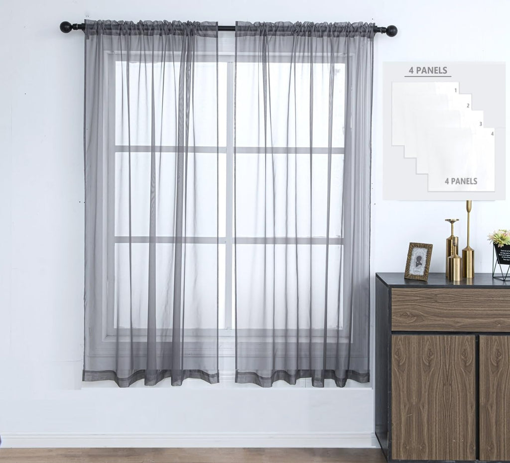 Pi Sheer Curtains 4 Panels 63 Inches Long,Light Window Treatment Airy Voile With Rod Pocket For Kitchen/Bedroom/Living Room/Small Window(W42Xl63,Dark Grey)