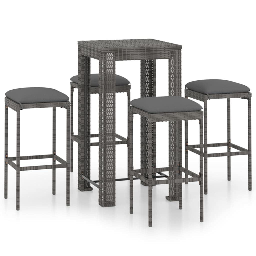 vidaXL Patio Bar Set 5 Piece, Bistro Set for Outdoor Porch Yard, Bar Stool with Cushions, Bistro Table, Farmhouse Modern Style, Poly Rattan Gray