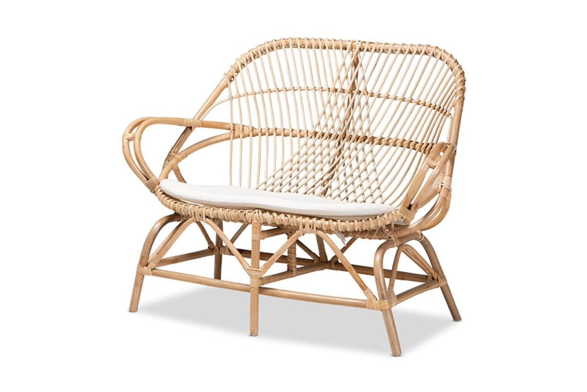 Baxton Studio Jayden Modern Bohemian White Fabric Upholstered and Natural Brown Finished Rattan Loveseat WhiteMaterial