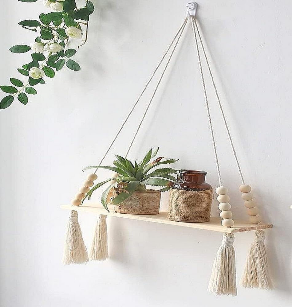 ACN Kohinoor Macrame Wall Hanging Shelf, Bohemian Floating Wooden Shelve for Bedroom, Living Room, Nursery and Marriage Party De