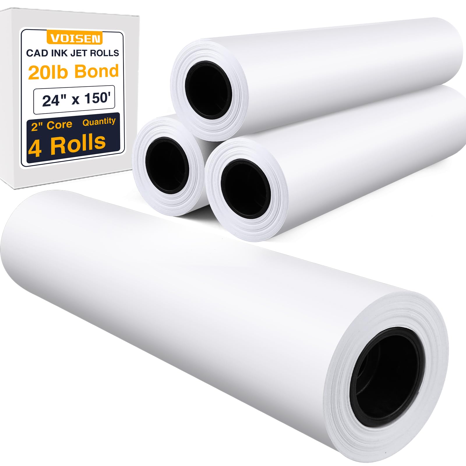 Voisen Wide Format Paper,4 Rolls Plotter Paper 24 In X 150 Ft, Cad Bond Rolls,20Lb,Bond Paper On 2' Core For Cad Printing On Wi