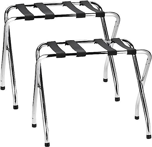 Foldable X-Shape Luggage Rack with Nylon Straps & Rubber Feet, Chrome Finish