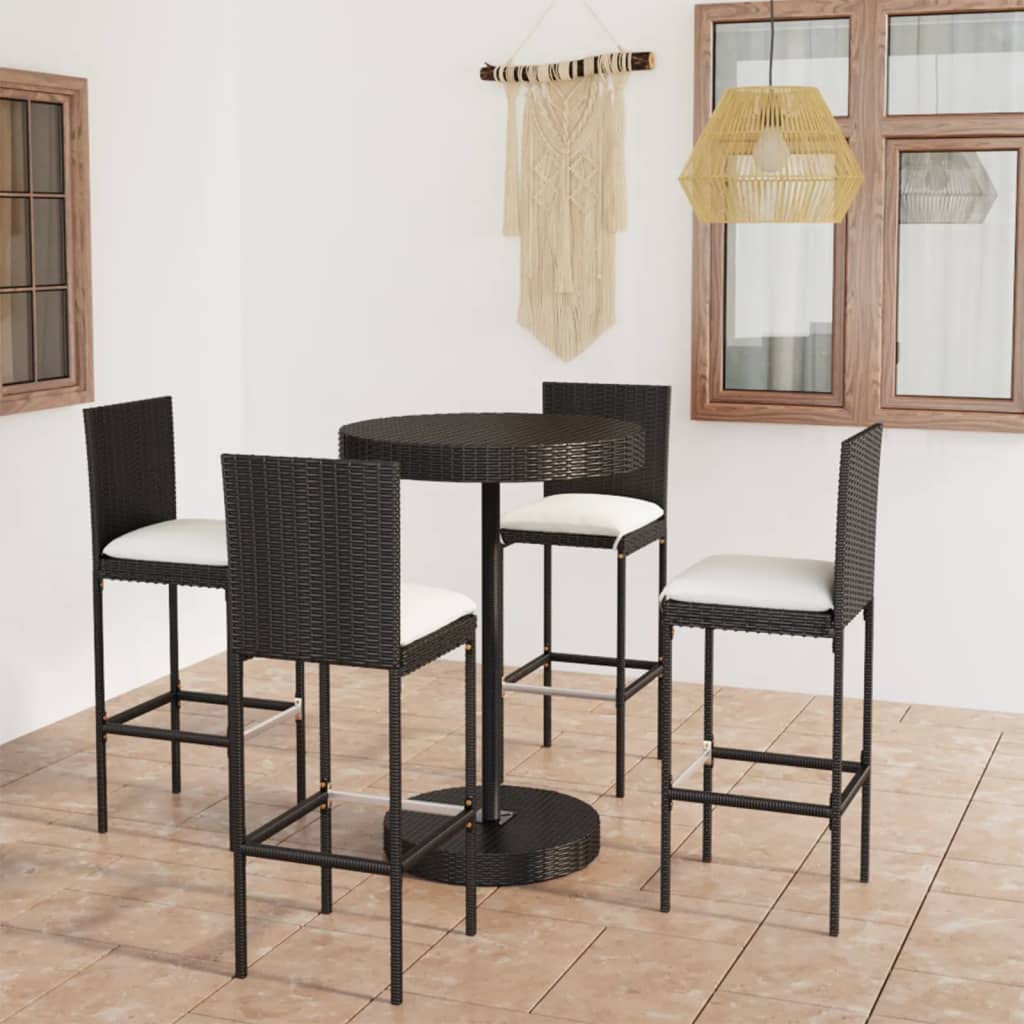 vidaXL Patio Bar Set with Cushions 5 Piece Garden Outdoor Bar Sets Dinner Bistro Dining Table Chair Stool Pub Furniture Seating Poly Rattan Black