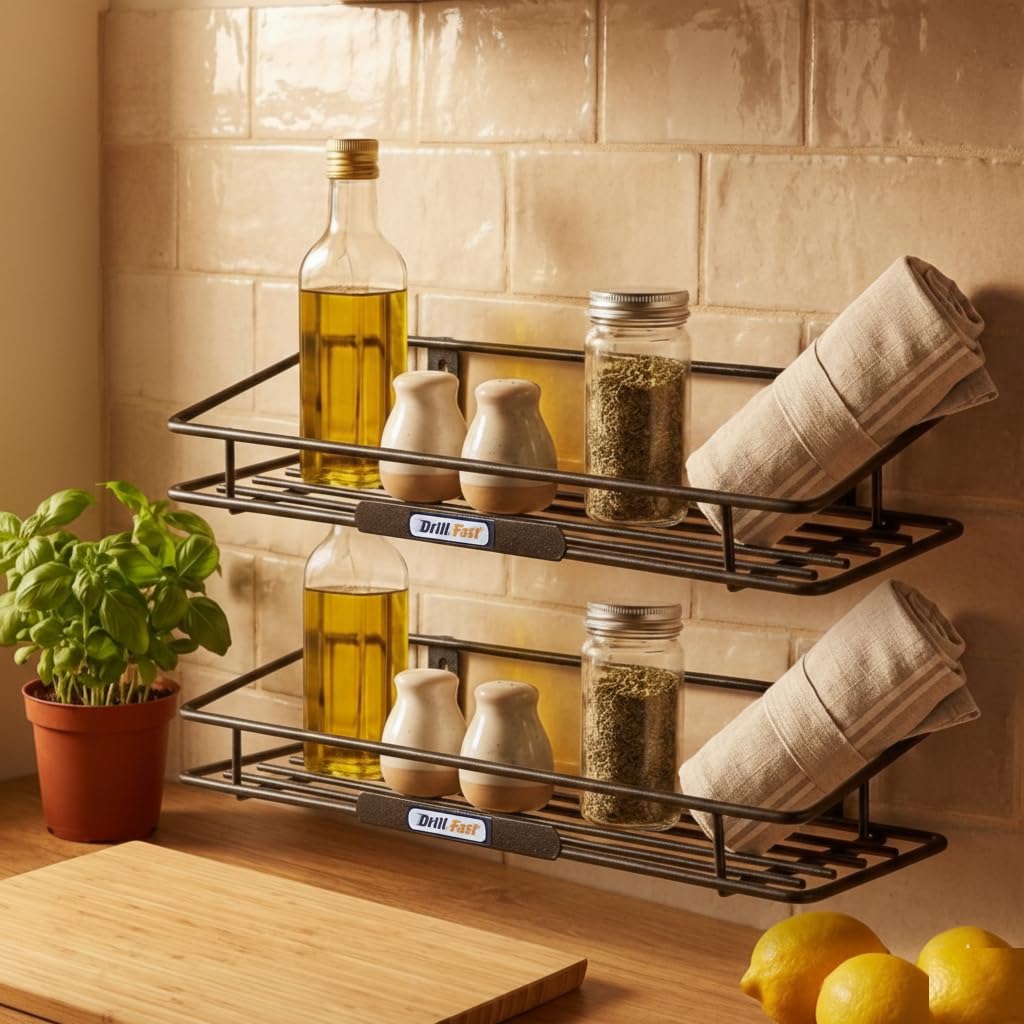 Drill Fast Multipurpose Wall Mounted Shelf | Heavy Duty Metal Storage Rack for Bathroom & Kitchen | RustProof Matte Black Finis