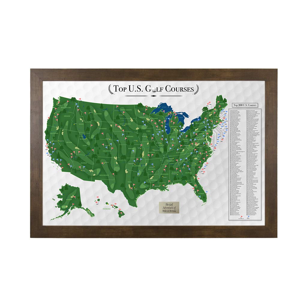 Push Pin Travel Maps Customizable Wall Art - Top Golf Courses USA Map - Rustic Brown - Personalized Framed Pin Map, Includes 150