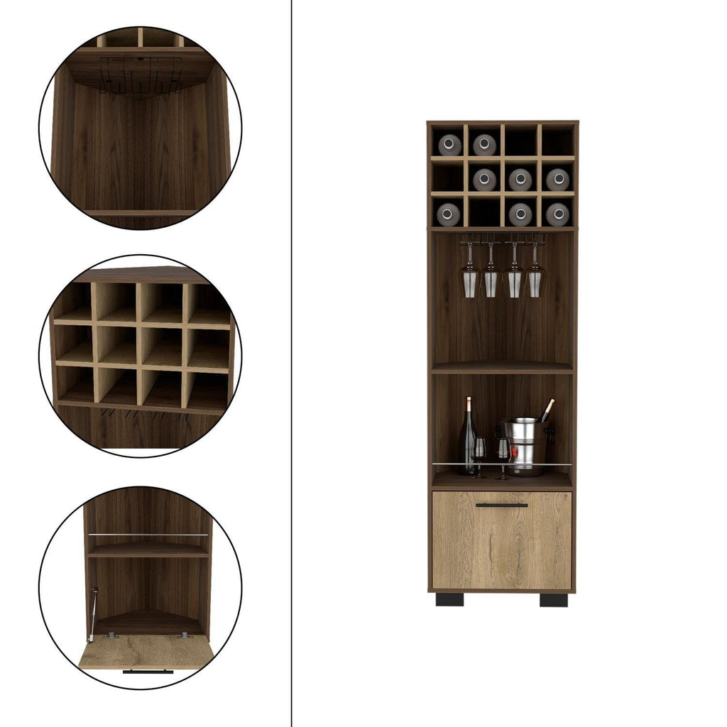 Norway Corner Bar Cabinet, 8 Built-In Wine Rack, 2 Side Shelves, Mahagony/Macadamia
