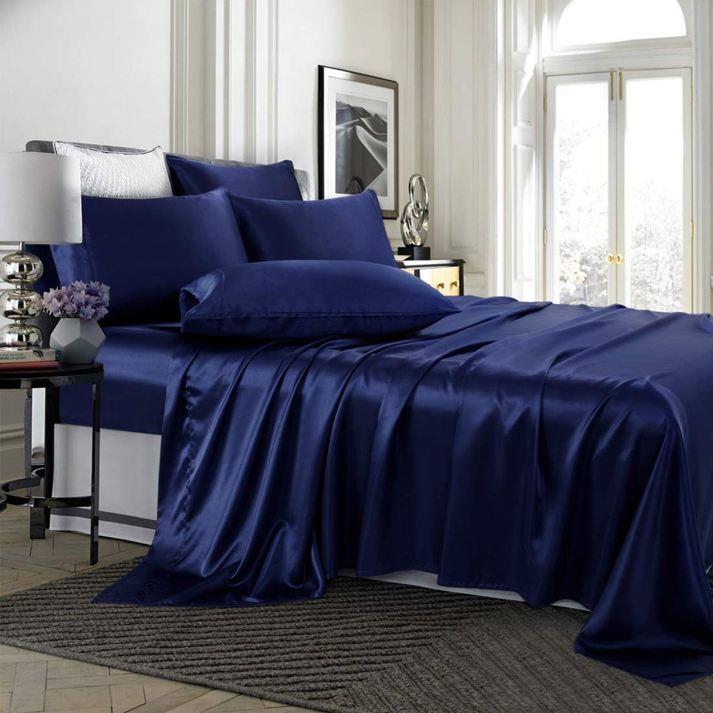 Treely 6 Piece Satin Sheets King Size Silky Smooth Navy Blue Satin Sheet Set With Deep Pocket, Satin Fitted Sheet, Flat Sheet, 4