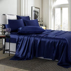Treely 6 Piece Satin Sheets King Size Silky Smooth Navy Blue Satin Sheet Set With Deep Pocket, Satin Fitted Sheet, Flat Sheet, 4