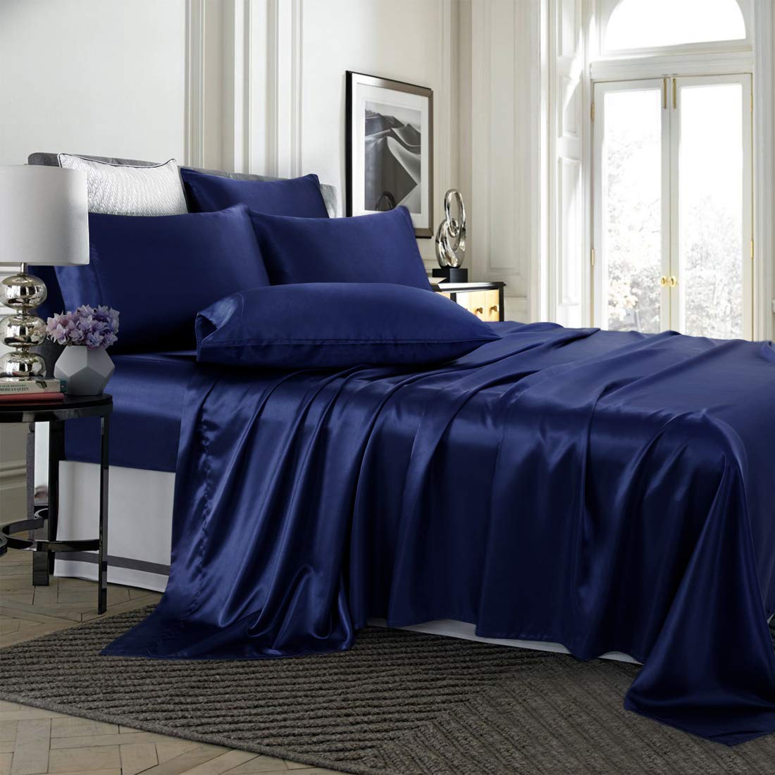 Treely 6 Piece Satin Sheets King Size Silky Smooth Navy Blue Satin Sheet Set With Deep Pocket, Satin Fitted Sheet, Flat Sheet, 4