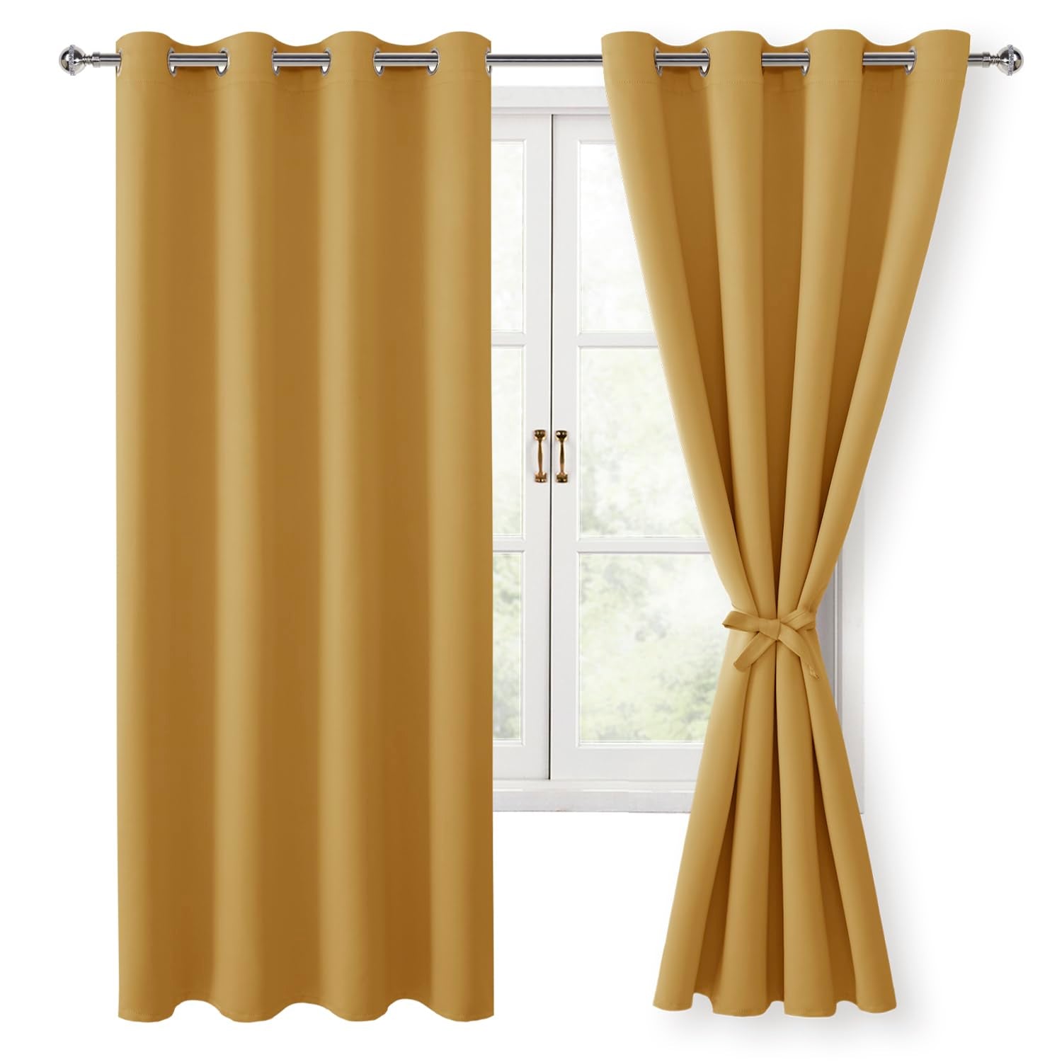 Hiasan Blackout Curtains For Bedroom, 52 X 63 Inches Length - Thermal Insulated & Light Blocking Window Curtains For Living Room, 2 Drape Panels Sewn With Tiebacks, Pumpkin Orange
