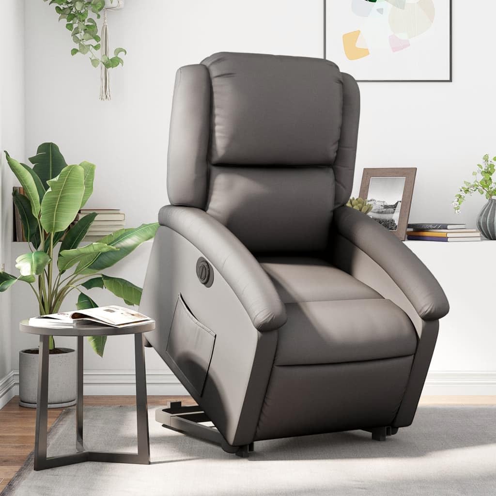vidaXL Electric Leather Recliner Armchair-Gray Power Lift Chair with Adjustable Backrest/Footrest & Convenient Side Pocket for Living Room