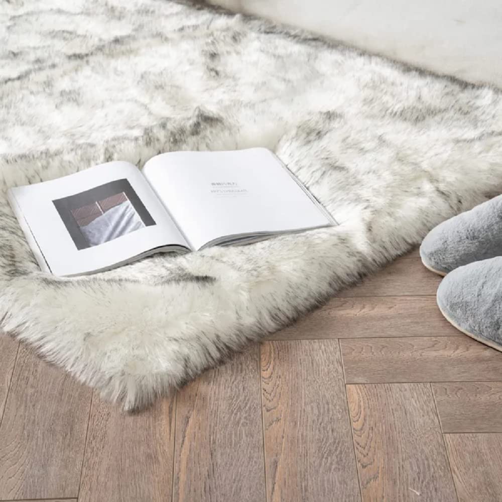 Orinova Grey And White Plush Shag Washable Rugs For Bedroom Faux Sheepskin Fur Furry Carpet For Living Room 2X6 Nursery Rug Runn