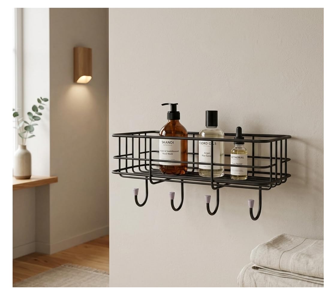 Alturas Wall Mounted Bathroom Shelf Organiser With Hooks, SelfAdhesive, Multipurpose Rack