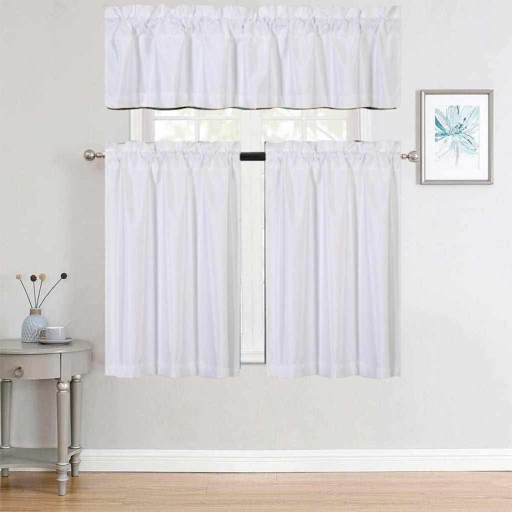 3Pc Set Solid Faux Silk Lined Blackout Rod Pocket Small Kitchen Window Curtain With Valance (K3) (White)