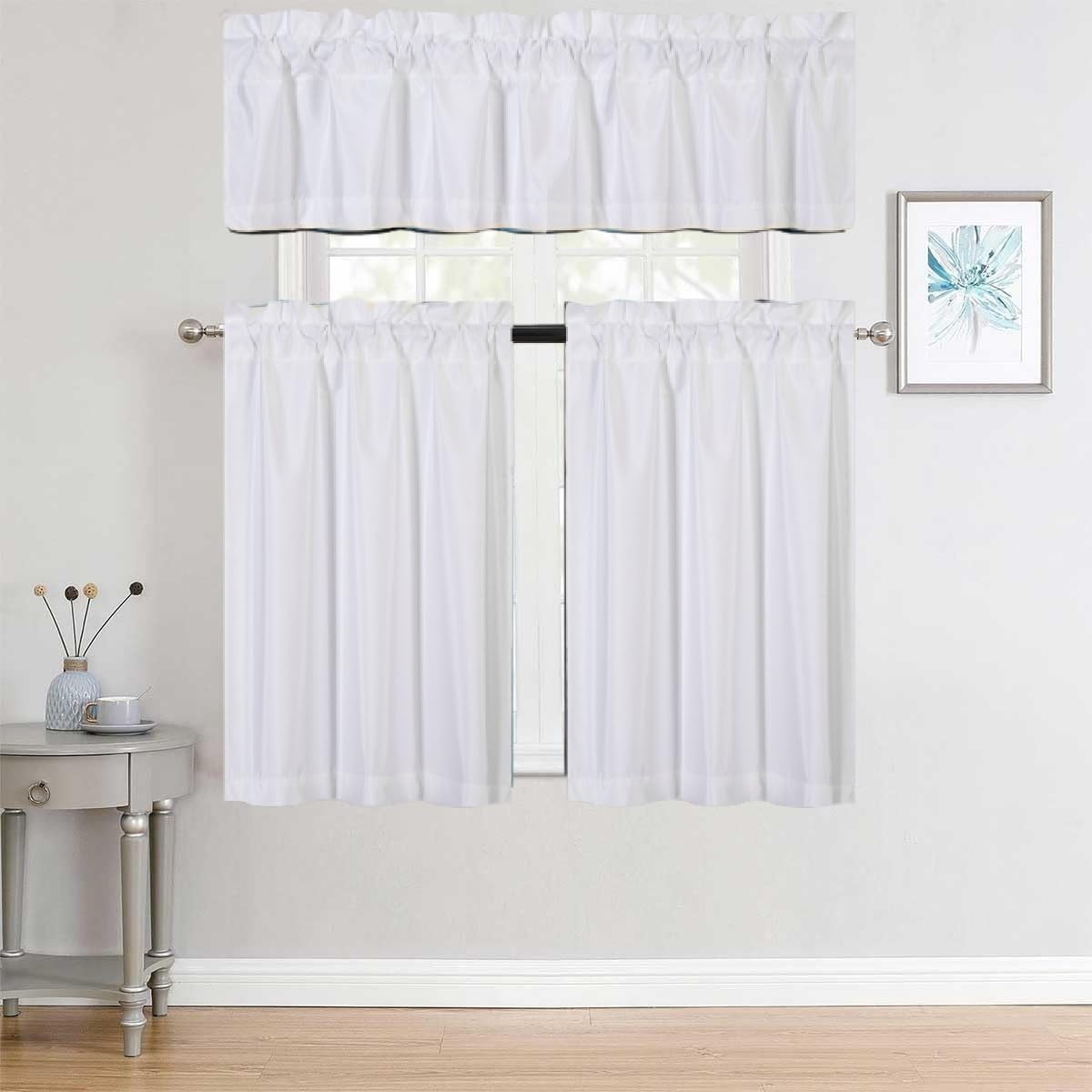 3Pc Set Solid Faux Silk Lined Blackout Rod Pocket Small Kitchen Window Curtain With Valance (K3) (White)