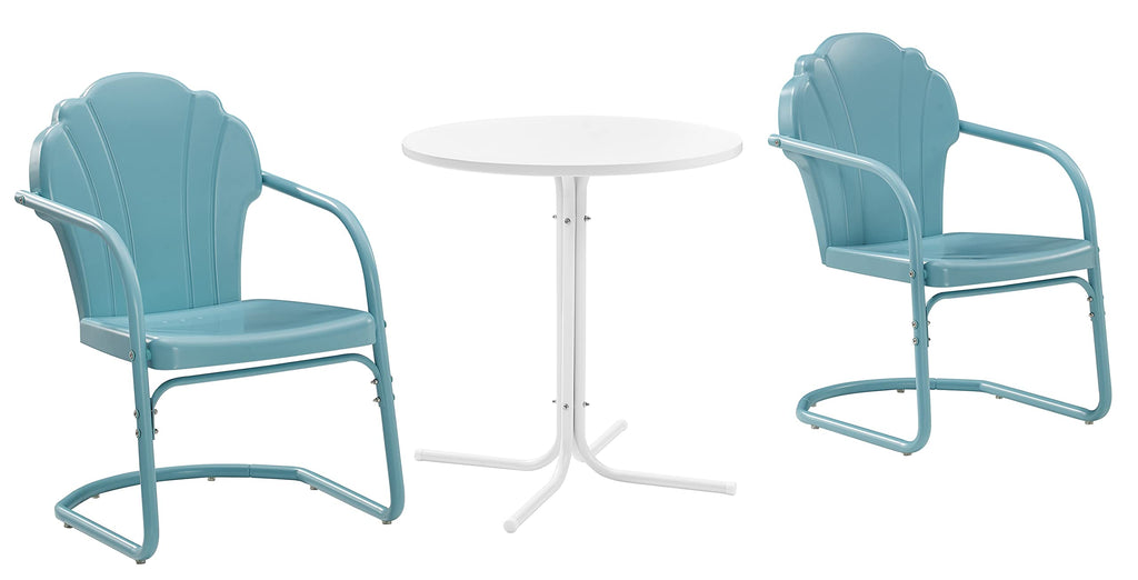 Crosley Furniture Tulip 3-Piece Outdoor Bistro Set, Retro Metal Patio Table and Chairs for Dining, Porch, Pastel Blue Satin
