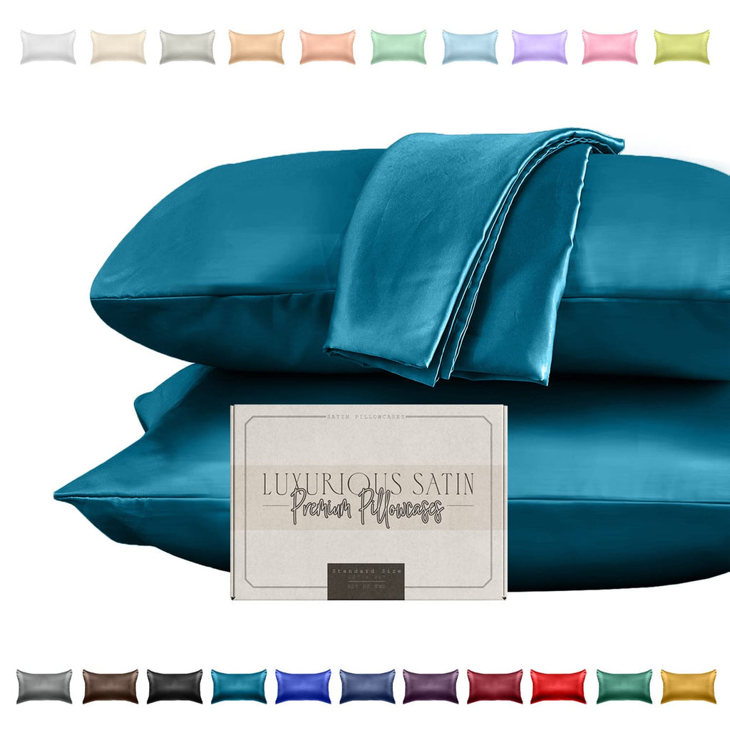 Elegant Comfort Silky And Luxurious 2-Piece Satin Pillowcase Set For Healthier Skin And Hair, Hidden Zipper Closure And Beautifully Packaged, Satin Pillowcase Set, Standard/Queen, Turquoise