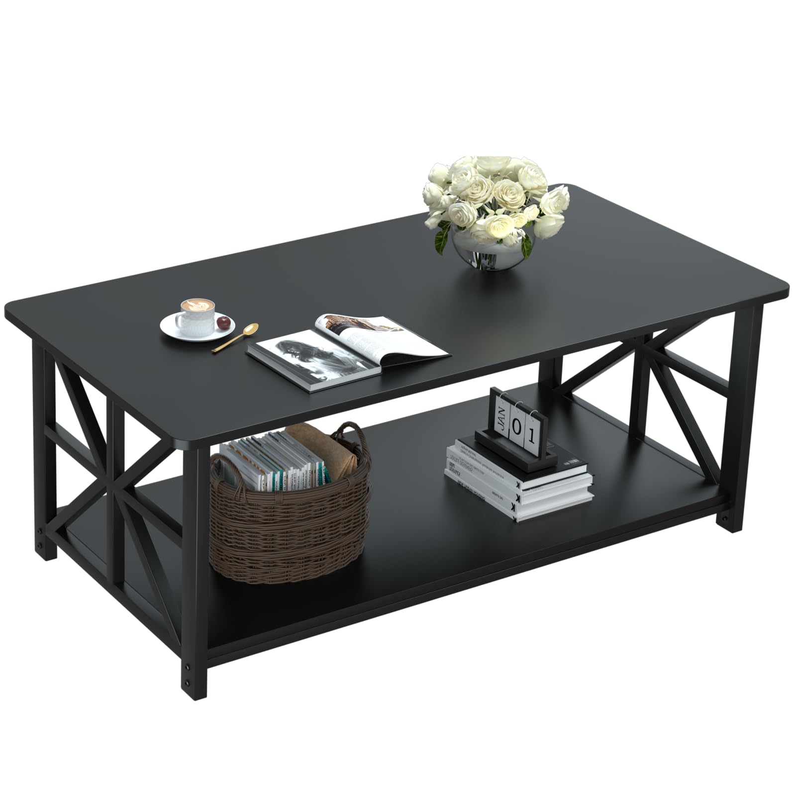 GreenForest Coffee Table with Round Corner, Farmhouse Center Table with 2-Tier Storage Shelf X-Frame Design for Living Room, 39 