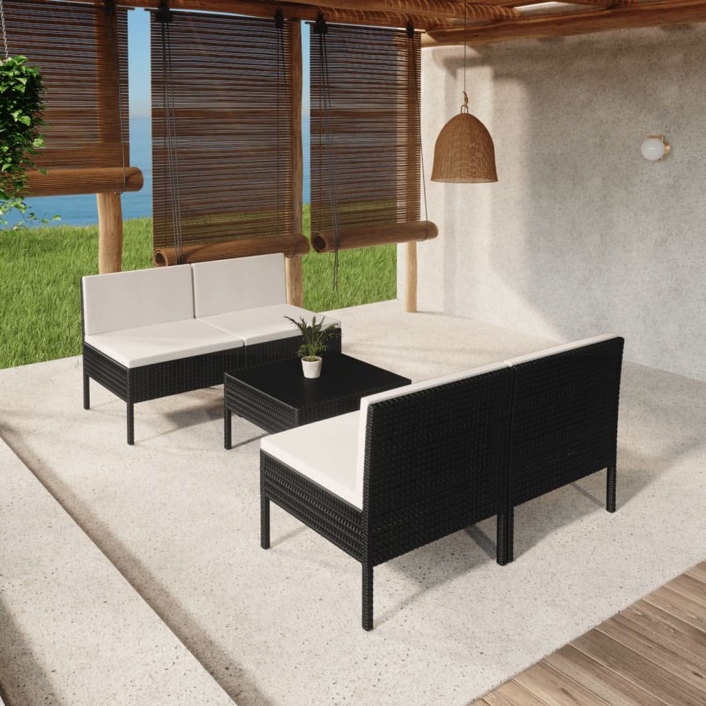 vidaXL Patio Lounge Set 5 Piece with Cushions Outdoor Garden Terrace Lounging Sofa Seating Seat Sitting Chair Furniture Poly Rattan Black