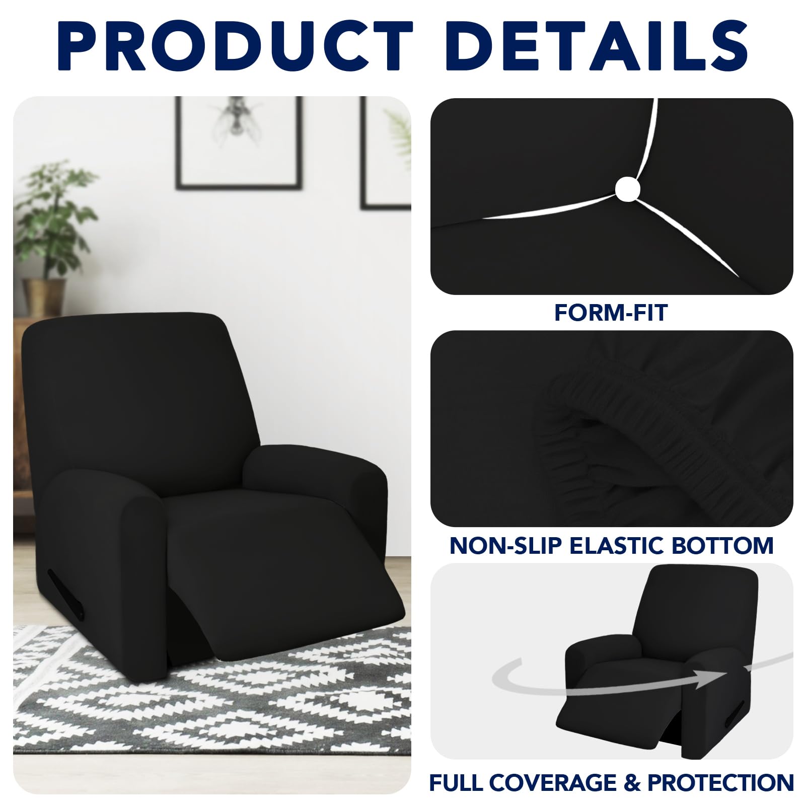 Purefit 100% Dual Waterproof Couch Cover Slipcovers For Couches And Sofas - Stretch Non Slip Fleece Sofa Covers Washable, Leakproof Furniture Protector For Kids, Pets, Dog (Recliner, Black)
