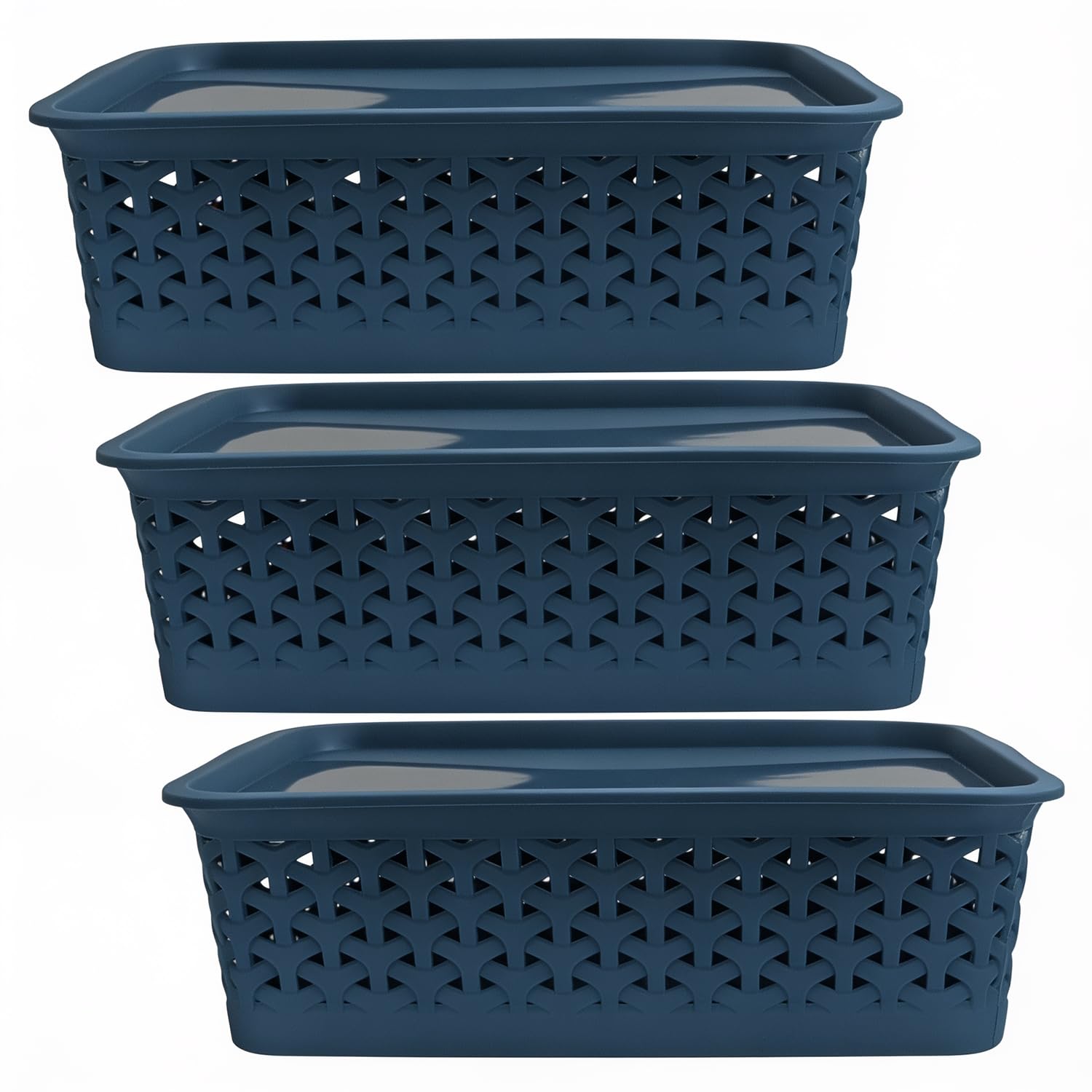 Pearlpet Everyday Medium Basket Pack Of 3 With Lid | MultiPurpose Plastic Storage Baskets | Stackable Organiser For Kitchen, Ba